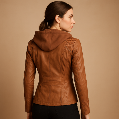 Woman wearing a short jacket for women with a slim fit, zipper details, and removable hood, styled for everyday and outdoor wear.