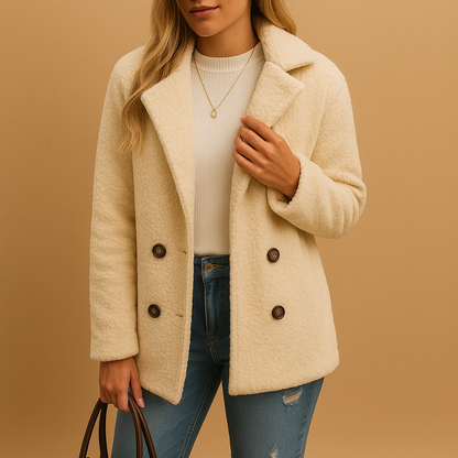 Woman wearing a short winter coat with tailored fit and button closure, perfect for daily wear and transitional seasons.