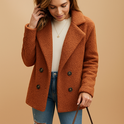 Woman wearing a short winter coat with tailored fit and button closure, perfect for daily wear and transitional seasons.