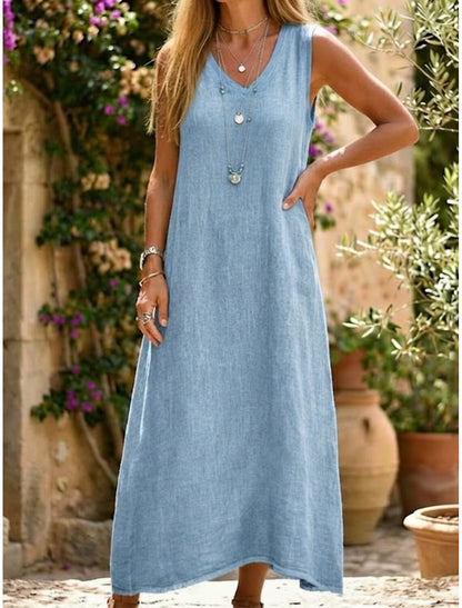 Women's Cotton Linen V-Neck Sleeveless Midi Dress