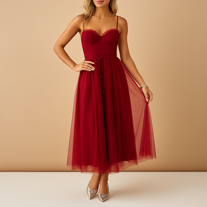 Women’s sleeveless chiffon maxi dress with tulle overlay and flowing silhouette, perfect for weddings, formal events, and evening occasions.