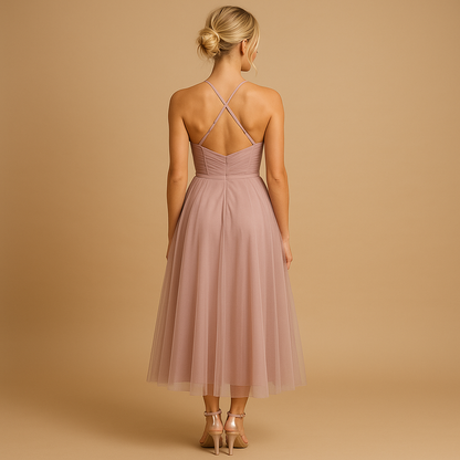 Women’s sleeveless chiffon maxi dress with tulle overlay and flowing silhouette, perfect for weddings, formal events, and evening occasions.