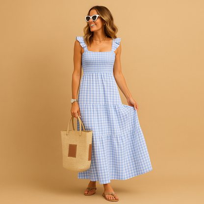 Women’s sleeveless long summer dress with a flowy fit, perfect for warm days, casual outings, and elegant evening occasions.