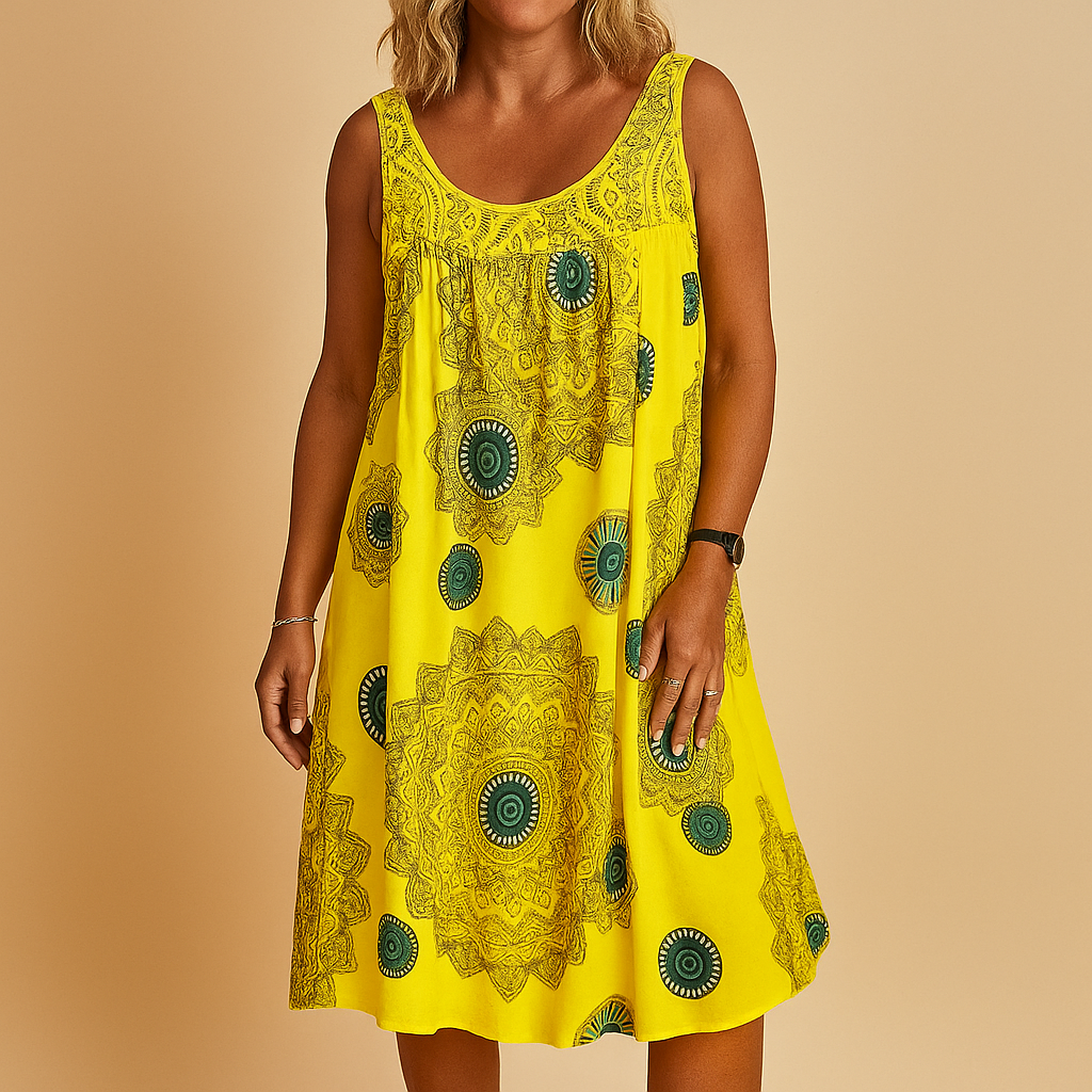 Women’s sleeveless printed summer dress with a loose fit and colorful design, perfect for holidays, outdoor events, and everyday wear.