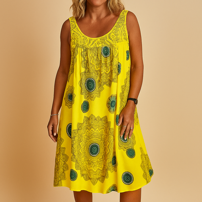 Women’s sleeveless printed summer dress with a loose fit and colorful design, perfect for holidays, outdoor events, and everyday wear.