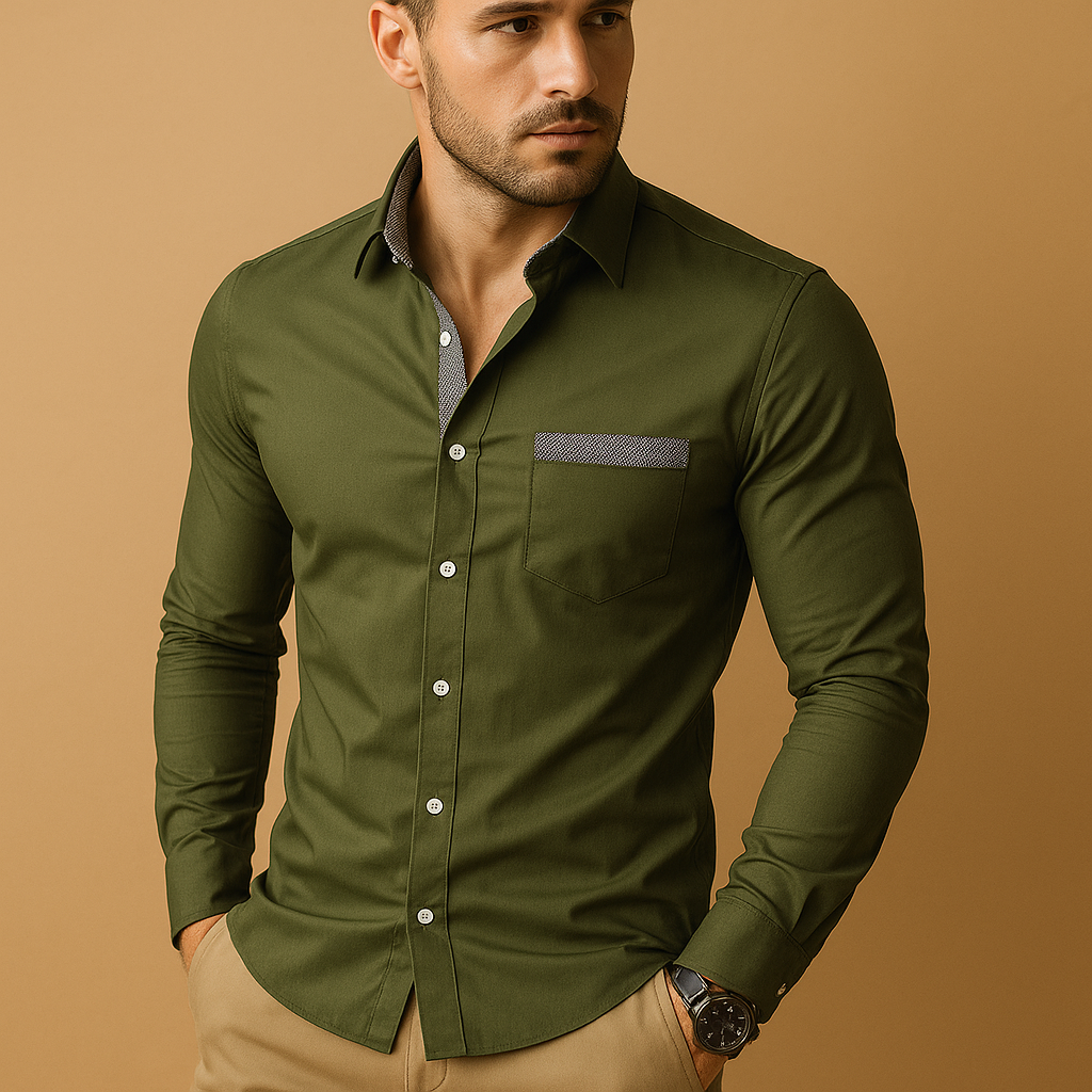 Slim fit casual button-up shirt for men with a classic collar and modern tailored look, ideal for work outfits, evening occasions, and everyday style.