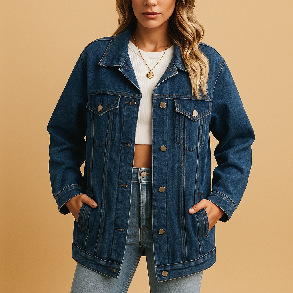 Women’s slim-fit denim winter jacket with warm lining and button closure, ideal for daily wear and winter occasions.