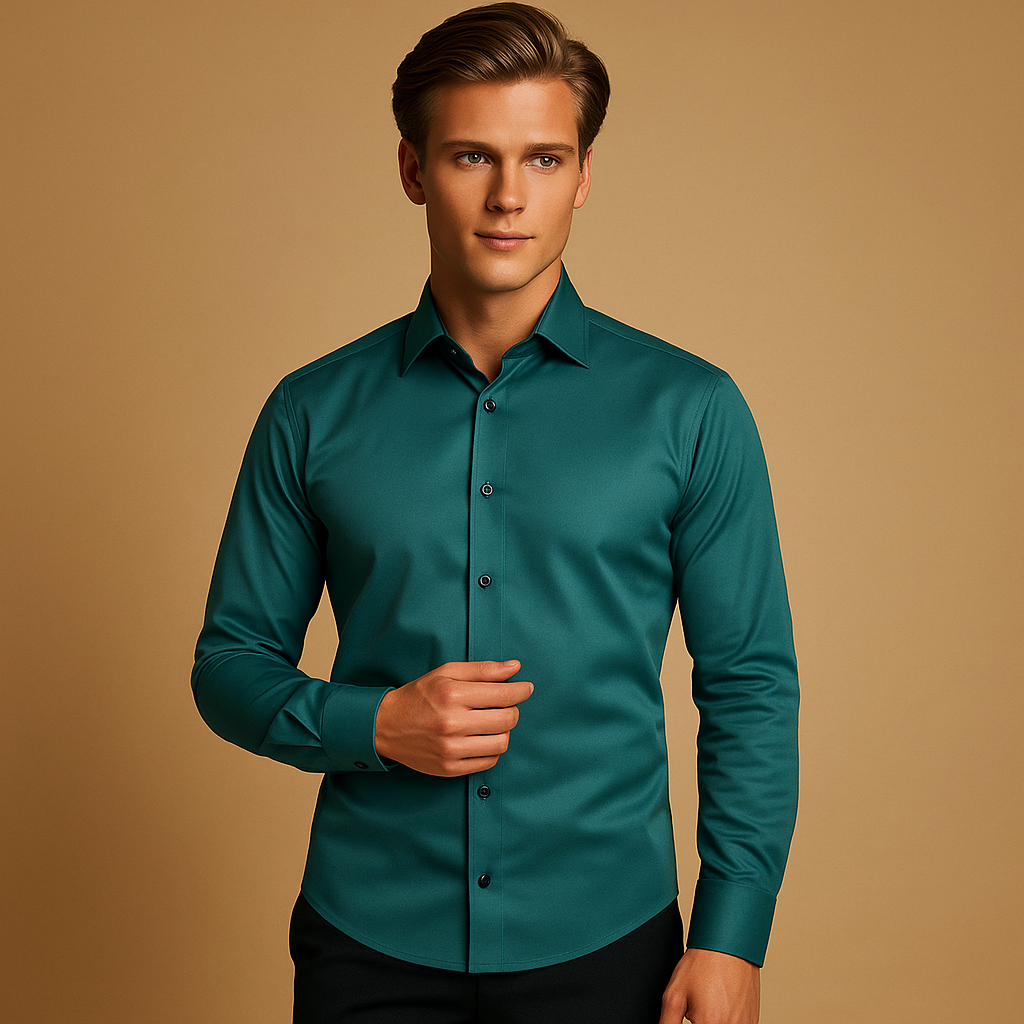 Slim fit stretch dress shirt for men with a tailored silhouette and breathable design, ideal for business meetings, smart casual outfits, and everyday style.
