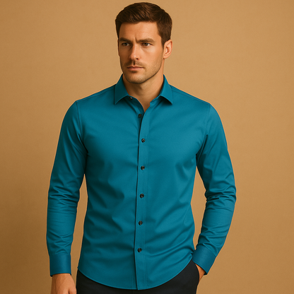 Slim fit stretch dress shirt for men with a tailored silhouette and breathable design, ideal for business meetings, smart casual outfits, and everyday style.