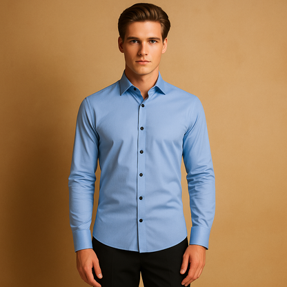 Slim fit stretch dress shirt for men with a tailored silhouette and breathable design, ideal for business meetings, smart casual outfits, and everyday style.