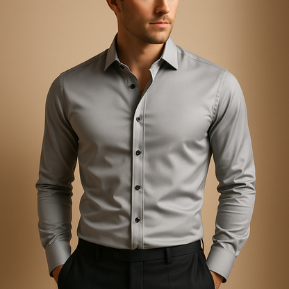 Slim fit stretch dress shirt for men with a tailored silhouette and breathable design, ideal for business meetings, smart casual outfits, and everyday style.
