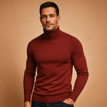 Men’s slim-fit turtleneck sweater with soft fabric and classic design, ideal for autumn and winter casual, work, or formal outfits.