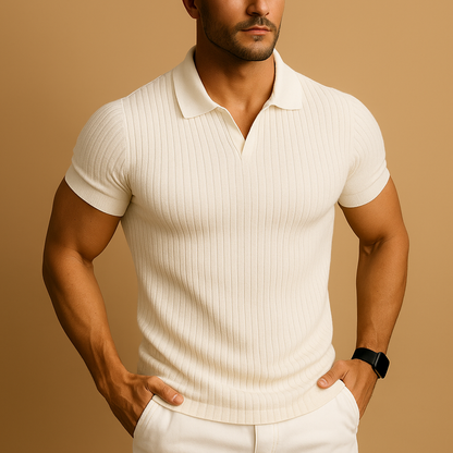Slim fit V-neck polo shirt for men with a modern lapel collar and subtle striped detail, ideal for casual and smart-casual everyday outfits.