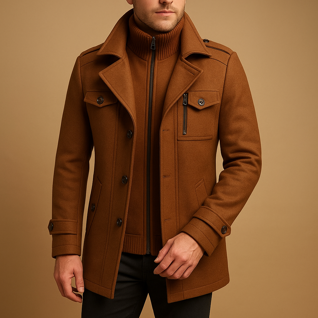 Men’s slim fit winter coat with tailored design and practical pockets, suitable for cold days, workwear, and formal occasions.