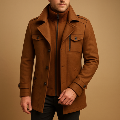 Men’s slim fit winter coat with tailored design and practical pockets, suitable for cold days, workwear, and formal occasions.