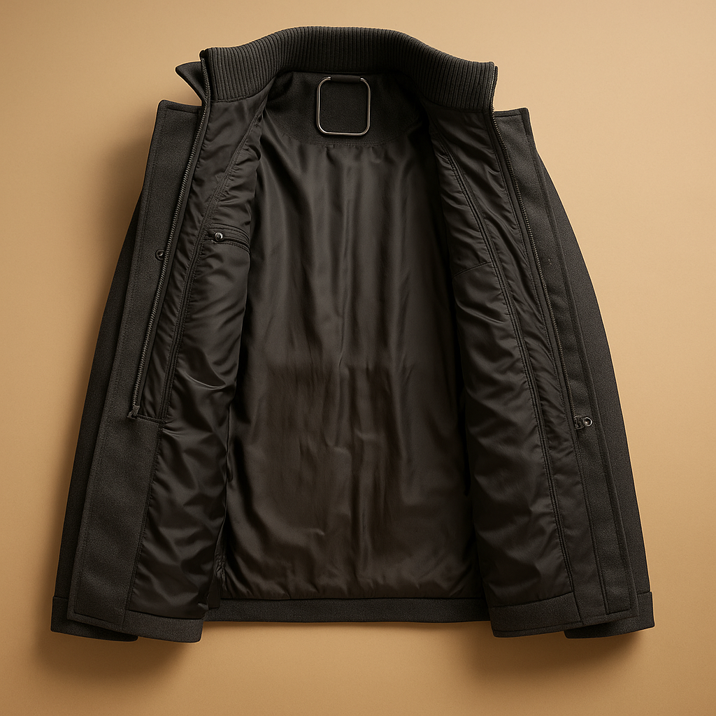 Men’s slim fit winter coat with a tailored design, practical pockets, and a sleek closure, suitable for work, formal occasions, and everyday wear.