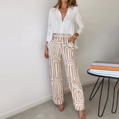 Women's Two Piece Set Button Front Shirt Straight Leg Pants - Vonnera