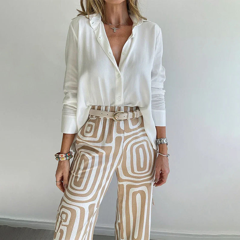 Women's Two Piece Set Button Front Shirt Straight Leg Pants
