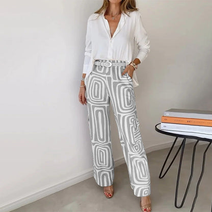 Women's Two Piece Set Button Front Shirt Straight Leg Pants