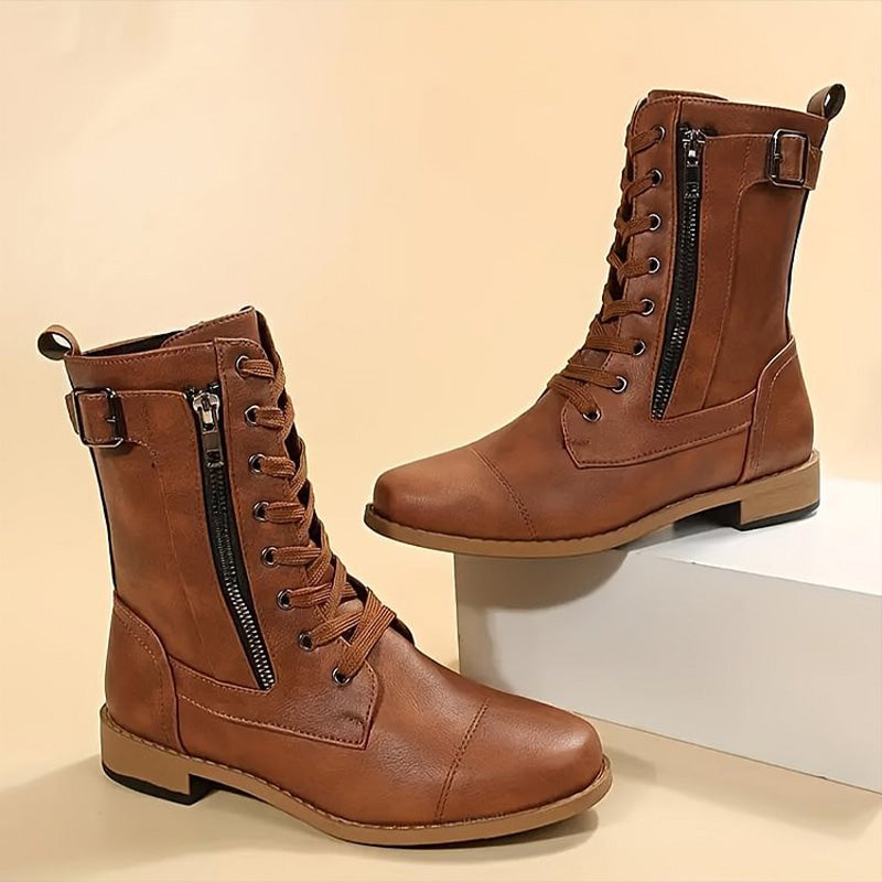 Women's Mid-Calf Boots Lace-Up Leather Brown