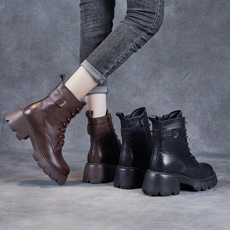Women's Lace Up Mid Ankle Boots Chunky Sole