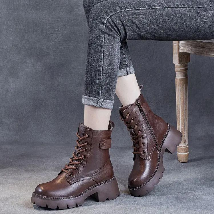 Women's Lace Up Mid Ankle Boots Chunky Sole