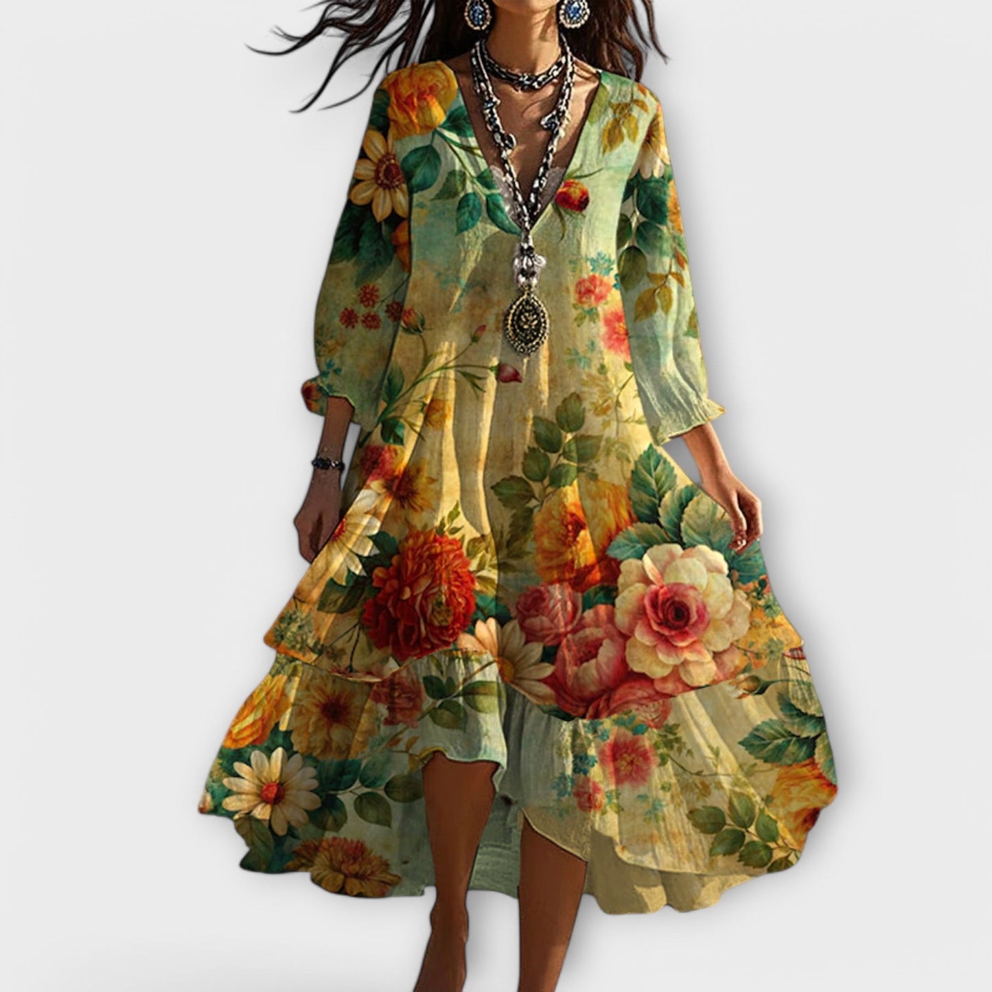 Women's Floral Midi Dress V-Neck 3/4 Sleeve - Vonnera