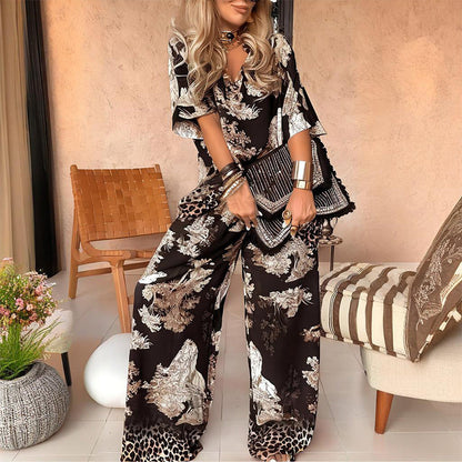 Women's V-Neck And Wide Leg Pants Set - Vonnera