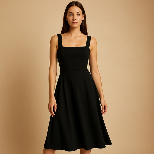 Square neck midi dress with wide straps and elastic waistband for women, ideal for weddings, parties, and elegant everyday wear.