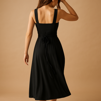 Square neck midi dress with wide straps and elastic waistband for women, ideal for weddings, parties, and elegant everyday wear.