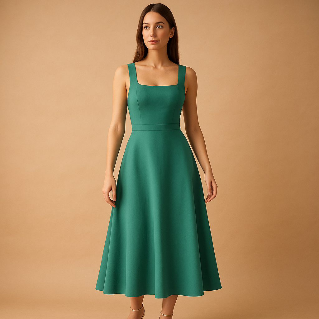 Square neck midi dress with wide straps and elastic waistband for women, ideal for weddings, parties, and elegant everyday wear.