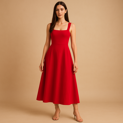 Square neck midi dress with wide straps and elastic waistband for women, ideal for weddings, parties, and elegant everyday wear.