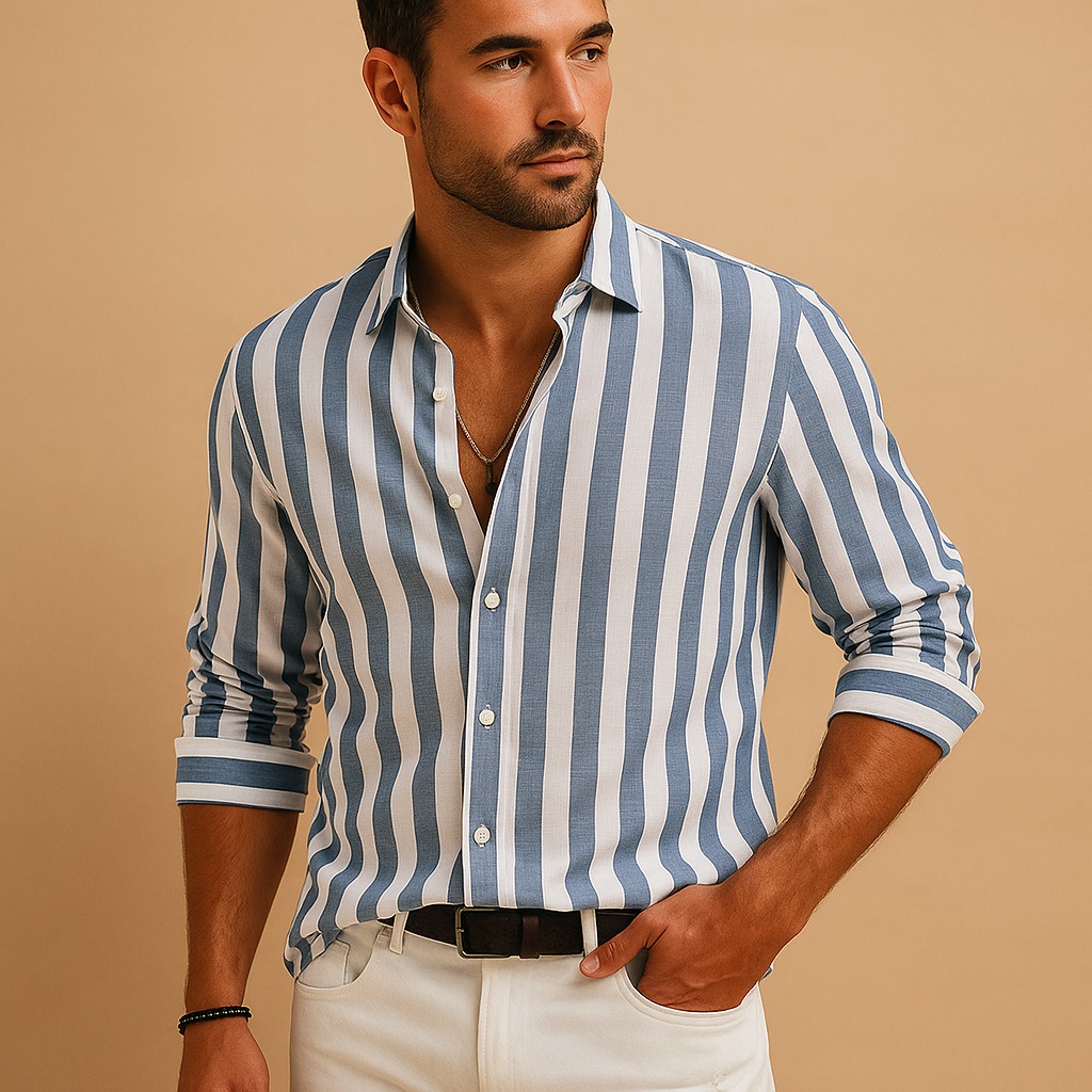 Striped long sleeve dress shirt for men with a modern tailored fit and classic blue white stripe pattern, ideal for work, formal events, and everyday wear.