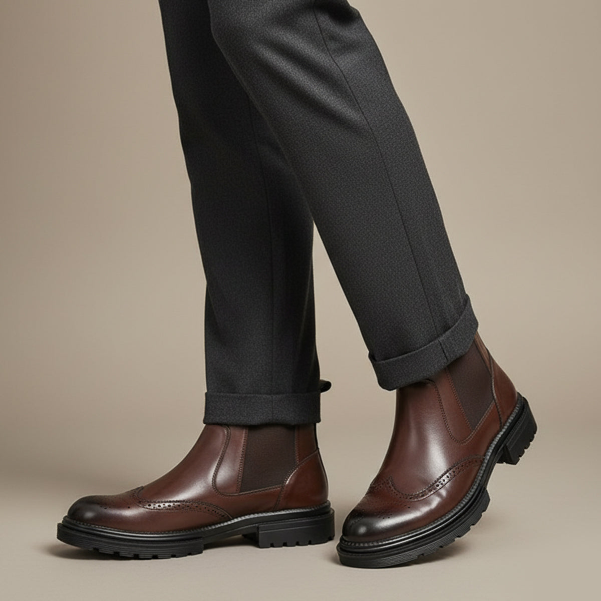 Men's Leather Chelsea Boots Brown Brogue