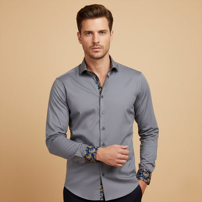 Men's Cotton Dress Shirt Gray Long Sleeve Satin