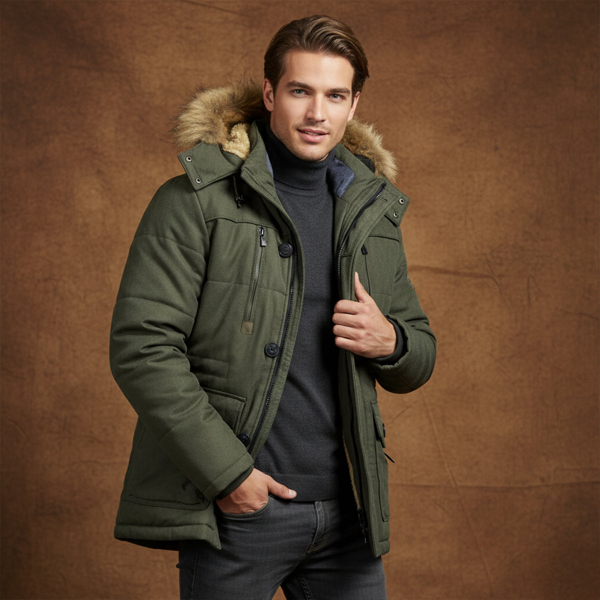 Men's Warm Winter Parka Jacket Fleece Lining