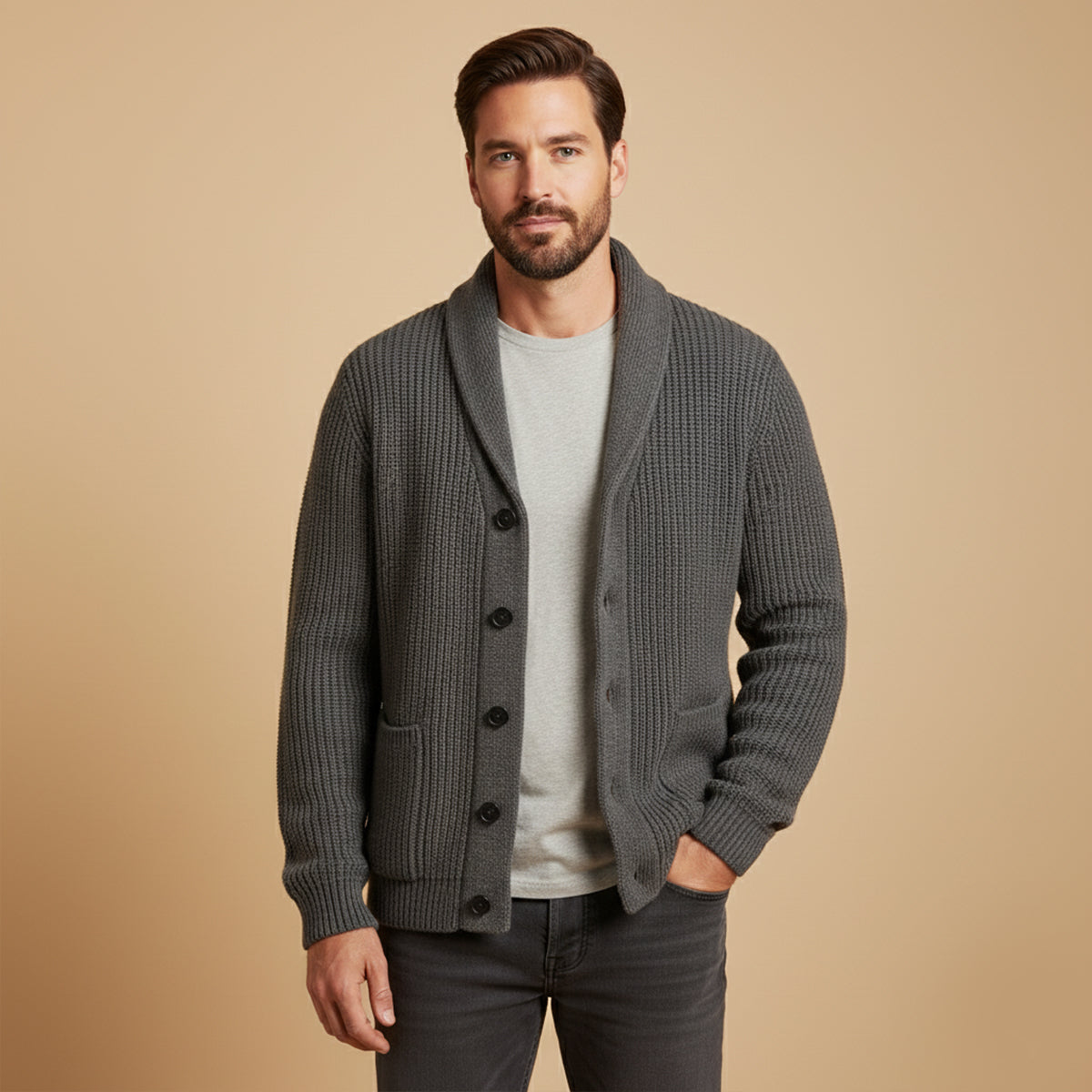 Men's Chunky Knit Cardigan Cotton Blend Shawl Collar