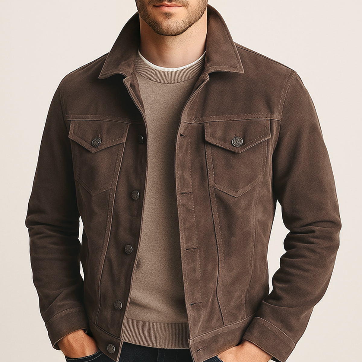Men's Suede Cargo Jacket Lightweight Vintage Brown