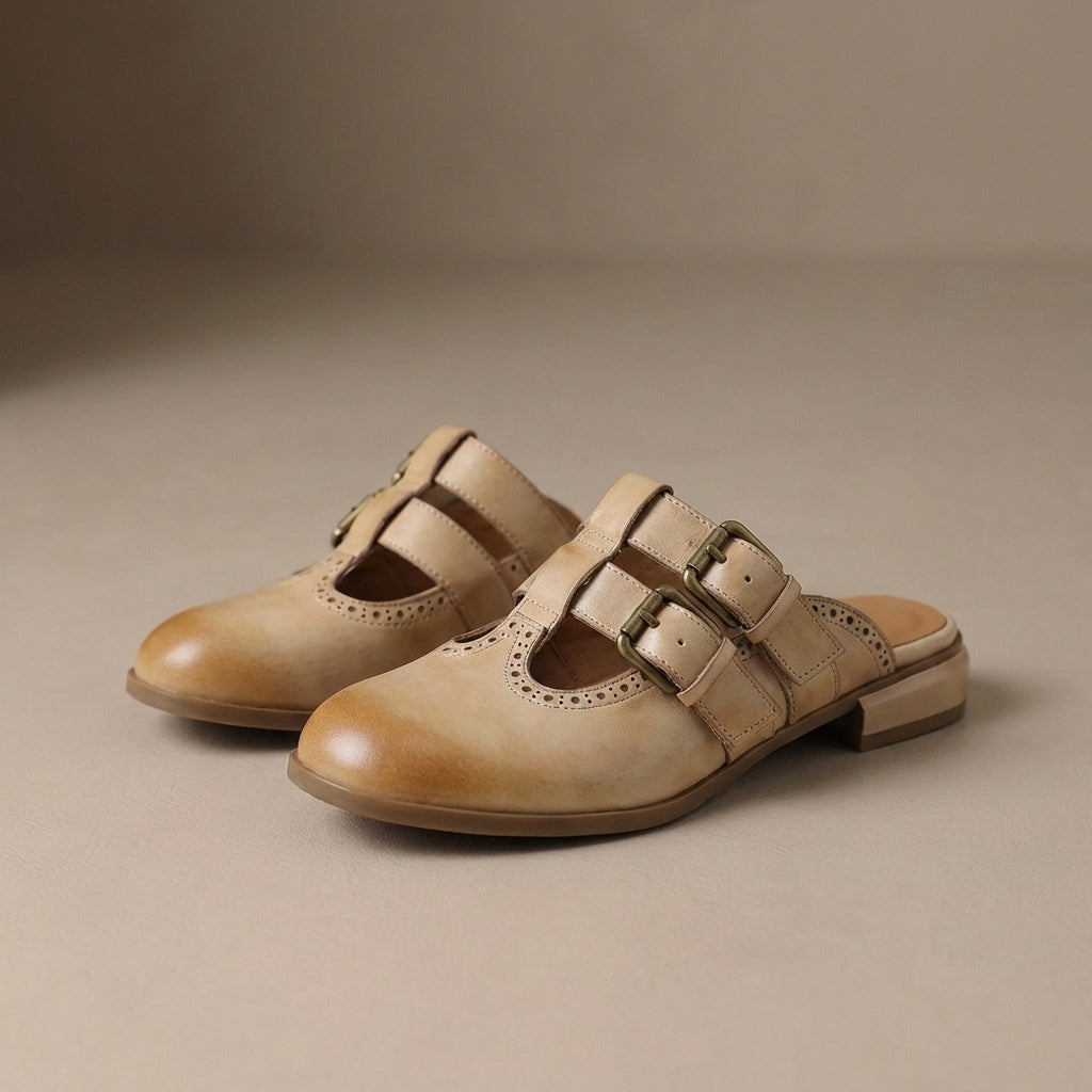 Women's Slip-On Mule Heels Double Buckle Brown Leather