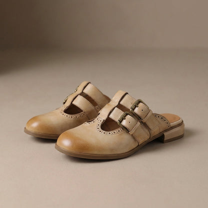 Women's Slip-On Mule Heels Double Buckle Brown Leather