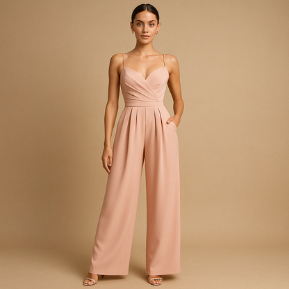 Woman wearing a summer casual jumpsuit with adjustable straps and a tailored fit, suitable for parties, day outings, and warm evenings.