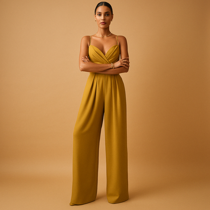 Woman wearing a summer casual jumpsuit with adjustable straps and a tailored fit, suitable for parties, day outings, and warm evenings.