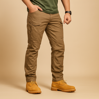 Tactical cargo pants for men with multiple pockets and a flexible comfortable fit, ideal for outdoor activities, travel, and everyday wear.