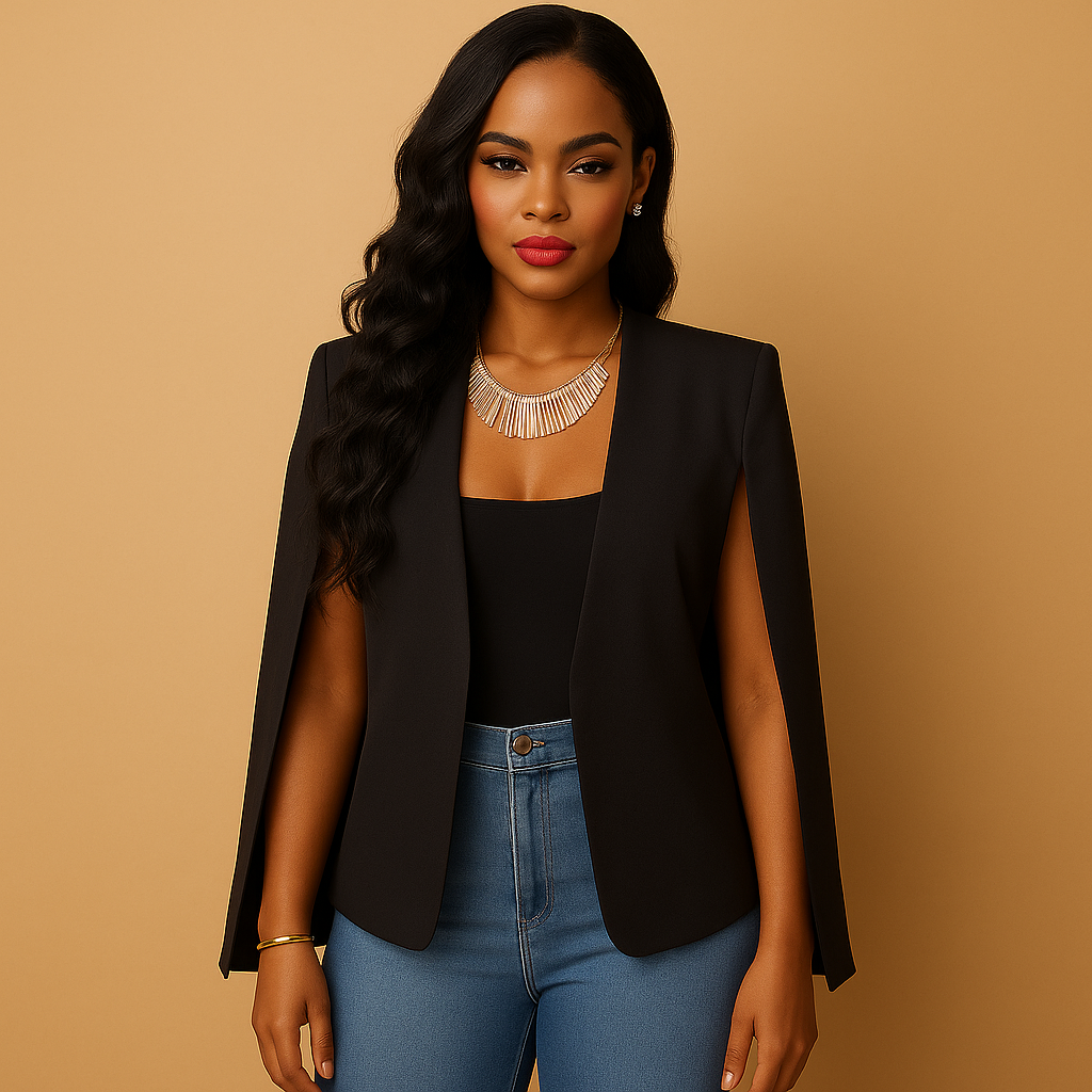 Tailored women’s blazer with stylish shoulder details in neutral tones, ideal for work, business events, or elegant evening outfits.