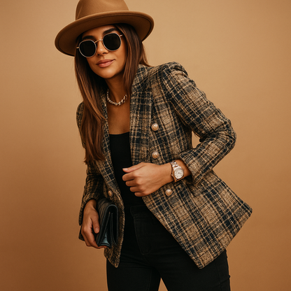 Tailored women’s blazer with an elegant fitted silhouette in stylish tones, ideal for work, formal moments, and chic casual outfits.