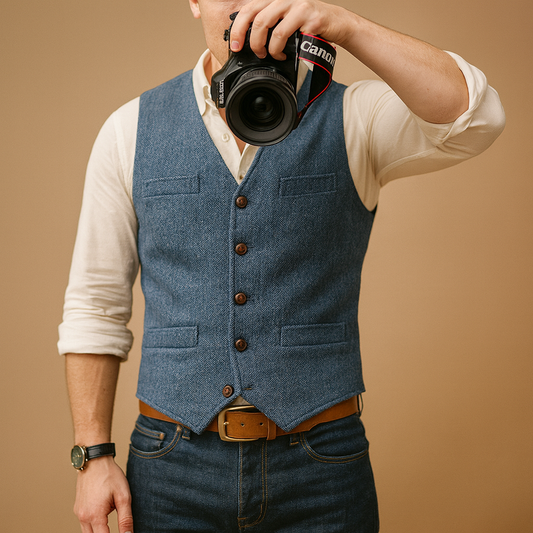 Men’s tailored waistcoat with button closure, adjustable fit, and practical pockets, ideal for formal and casual autumn and winter outfits.