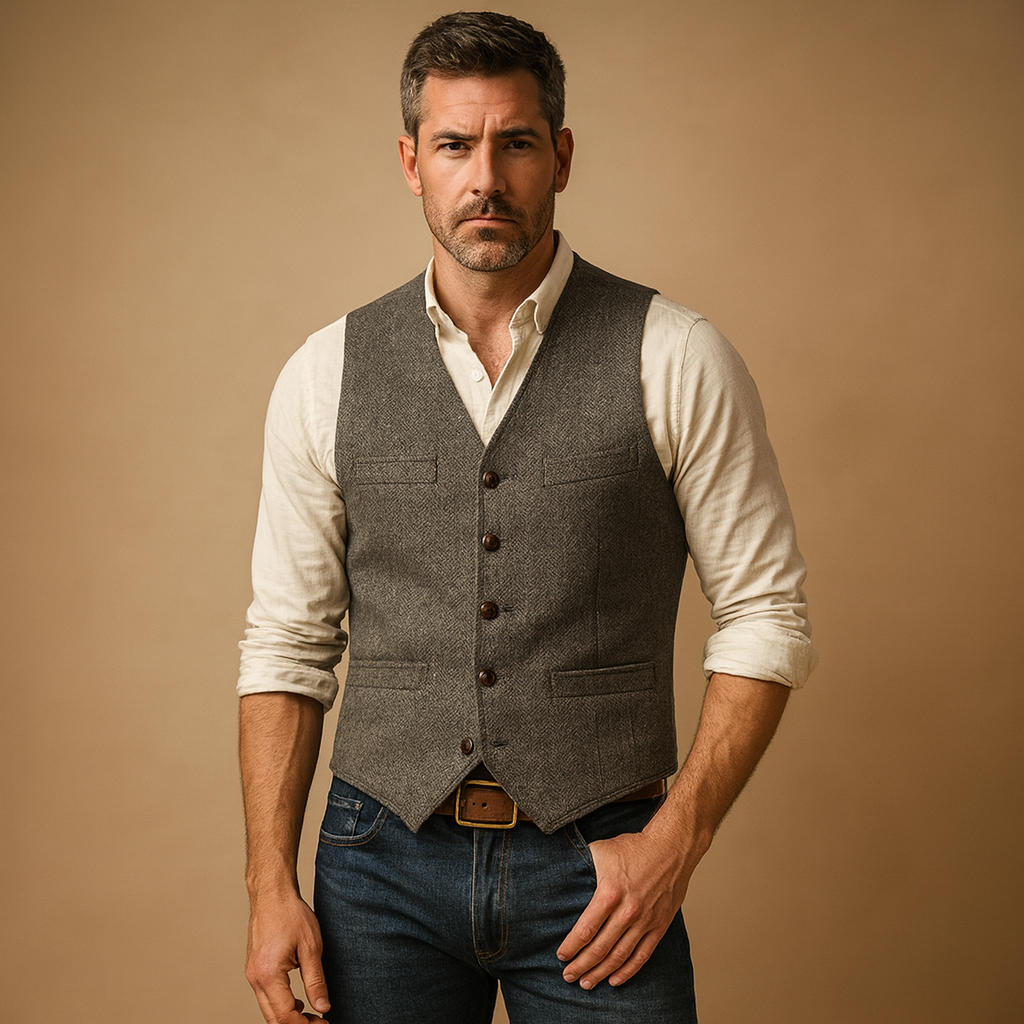 Men’s tailored waistcoat with button closure, adjustable fit, and practical pockets, ideal for formal and casual autumn and winter outfits.
