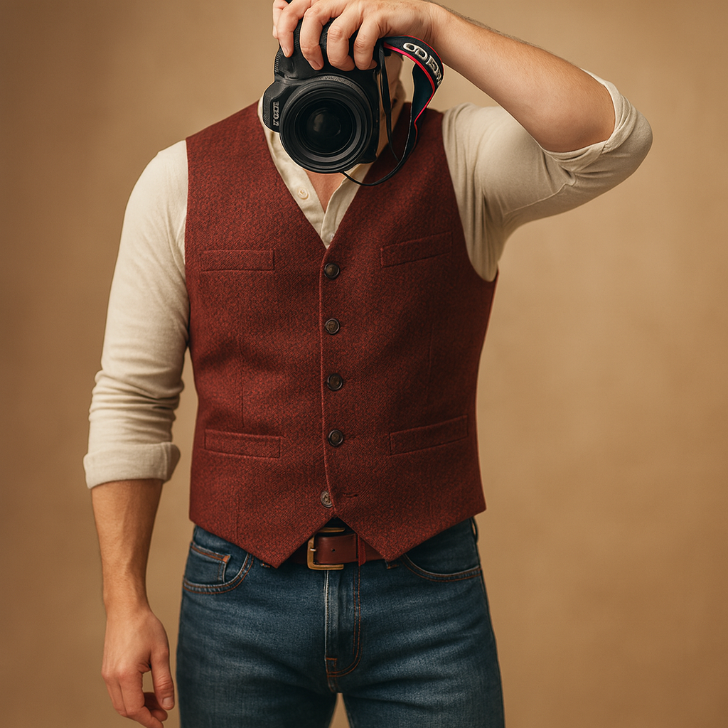Men’s tailored waistcoat with button closure, adjustable fit, and practical pockets, ideal for formal and casual autumn and winter outfits.
