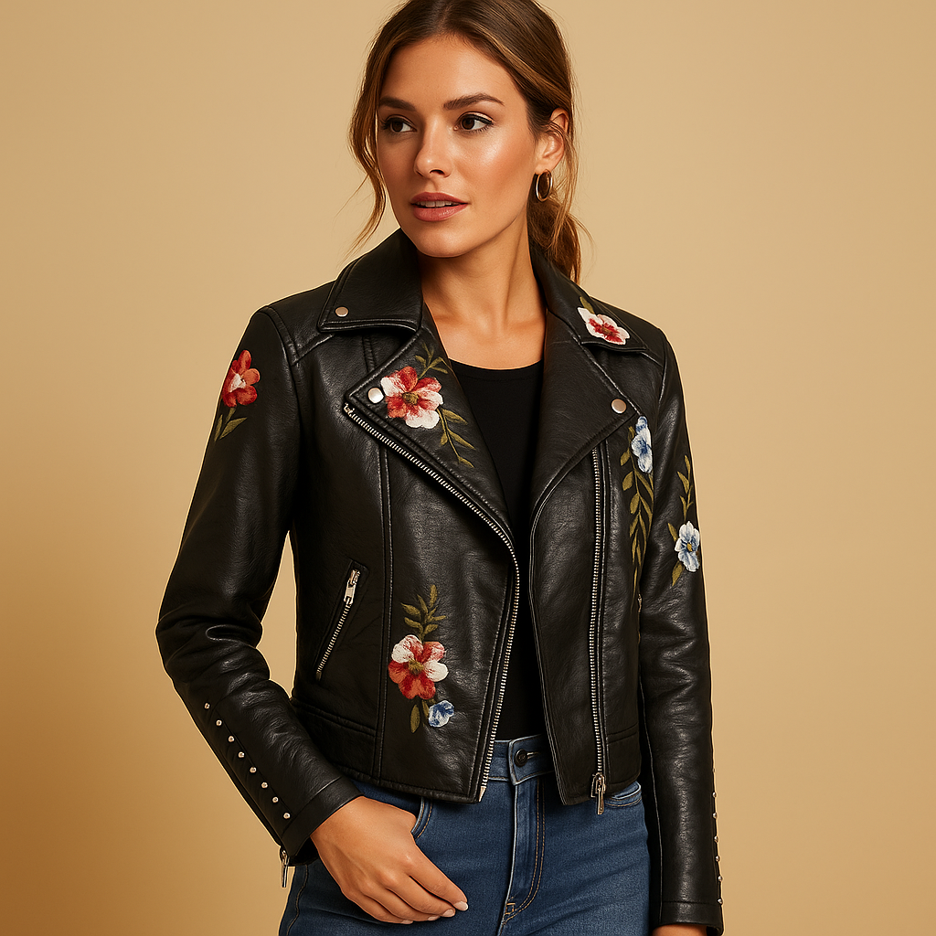 Woman wearing a tailored fitted jacket for women with a sleek silhouette and zipper pockets, styled for casual daytime and elegant evening outfits.