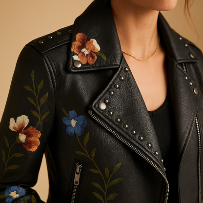 Woman wearing a tailored fitted jacket for women with a sleek silhouette and zipper pockets, styled for casual daytime and elegant evening outfits.